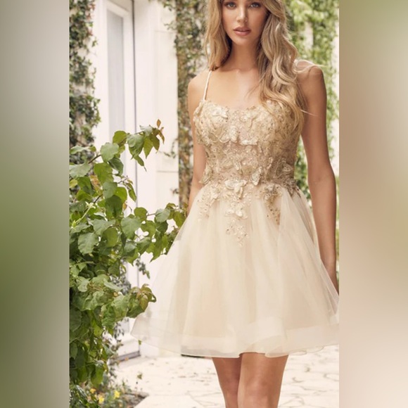 Cream Gold Spaghetti Strap Babydoll Dress prom - Picture 1 of 16